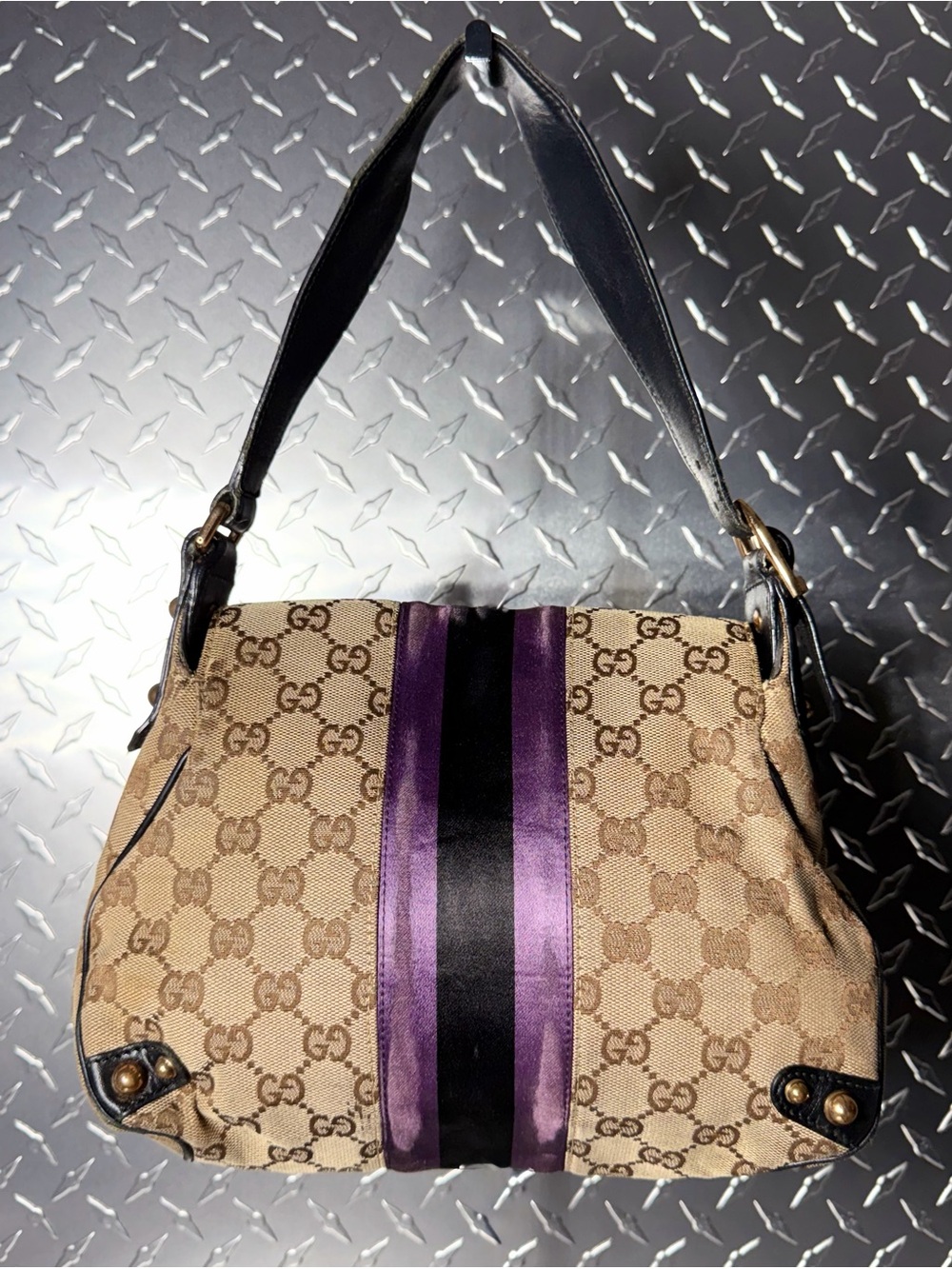 Gucci Vintage 1955 Horsebit Canvas GG Shoulder Bag in Brown/Purple - Picture 2 of 11